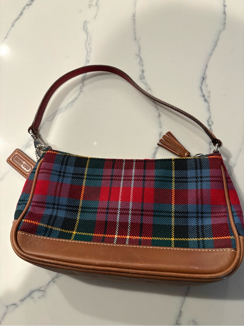 Coach Red and Blue Plaid Mini Shoulder Bag with Brown Leather Trim